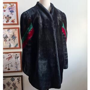 Vintage 80s Faux Fur Coat | Black Plush Oversized | Statement Jacket M